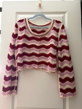 Crochet Wave Stripe Sweater in Burgundy, Pink & Cream NEVER worn
